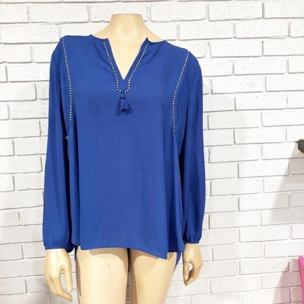 J.Crew Royal Blue Tassel Split Neck Blouse Braided Trim Size 12 Boho Top